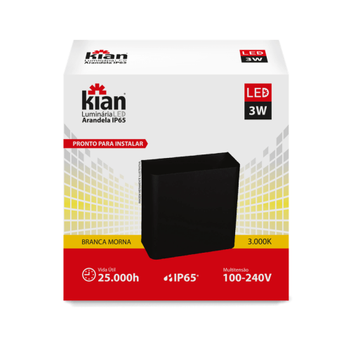 Luminaria Led Arandela IP65 Preta 3w 3.000k Branca Morna Kian